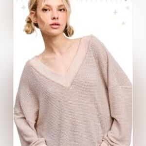 Listicle V-Neck Knit Relaxed Fit Thermal Sweater - Cream, Size L